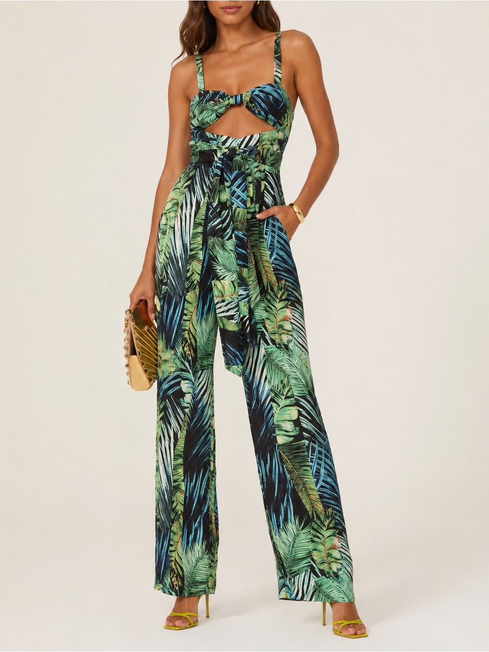 Bronx and Banco Tropical Leaf Cutout Wide-Leg Jumpsuit — Green Print